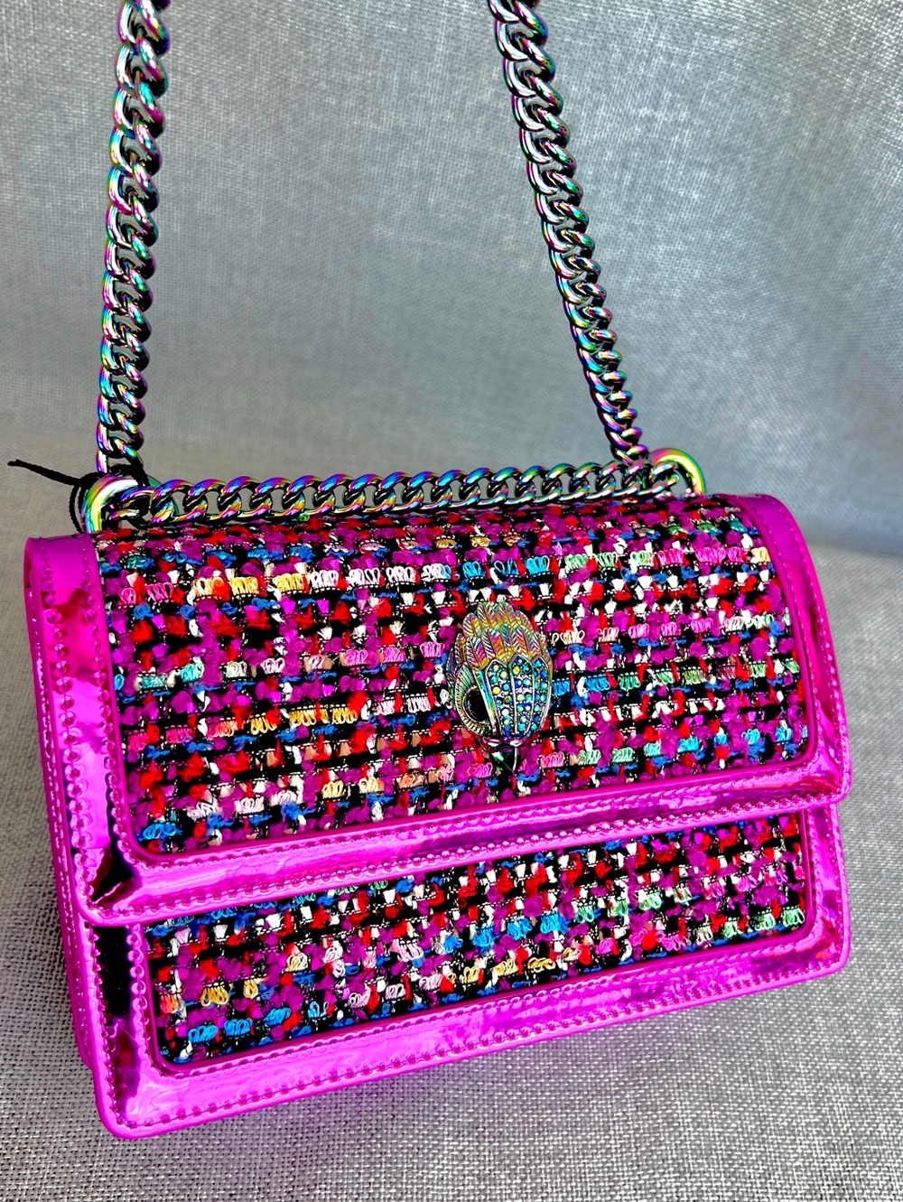 Kurt Geiger Shoreditch Small Tweed + LIQUID METALLIC Leather pink IRIDESCENT NWT